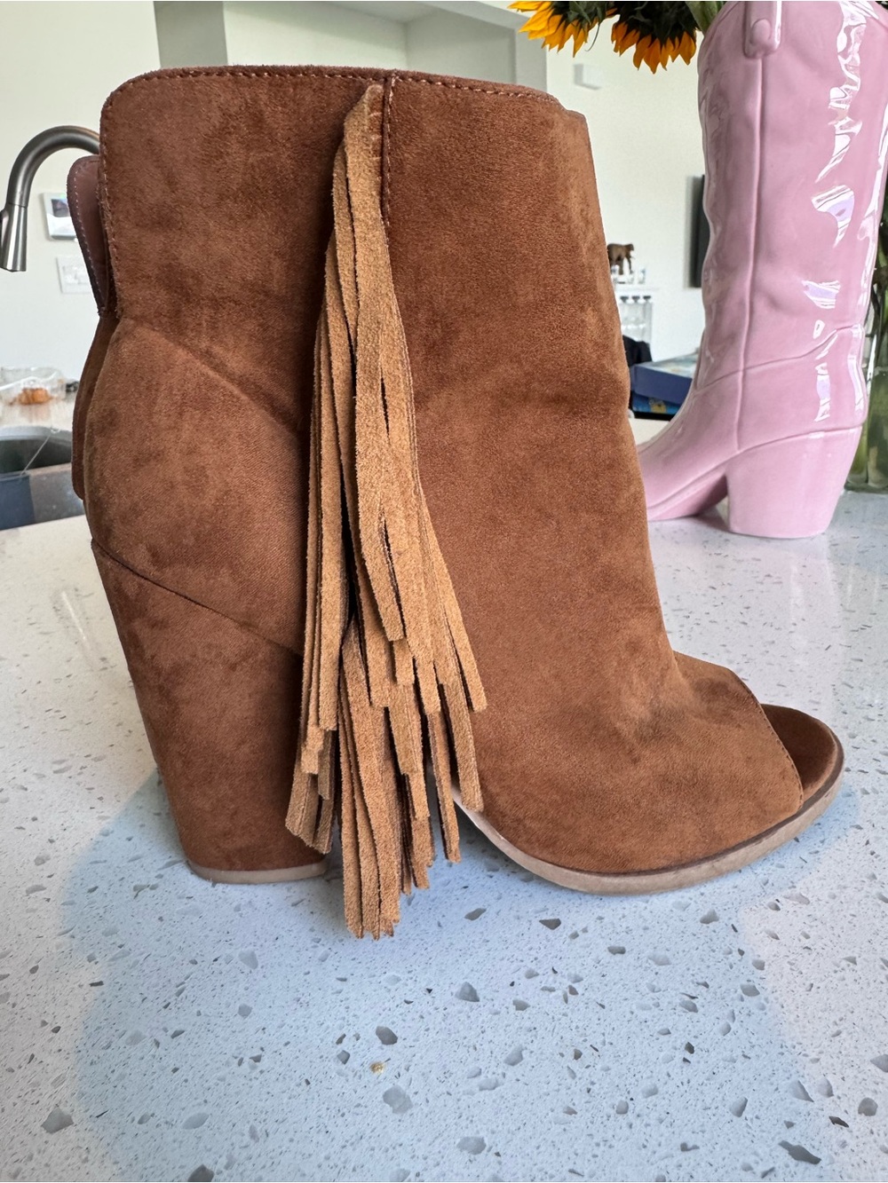 DV by Dolce Vita Brown Suede Fringe Peep-Toe Wedge Booties